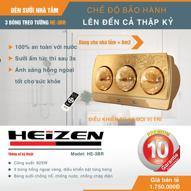 Đèn sưởi nhà tắm Heizen 3 bóng vàng HE3BR (có điều khiển từ xa)